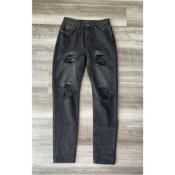 Pretty Little Thing Black Busted Knee Jeans Size 8 High Rise Distressed M13 - Picture 1 of 5
